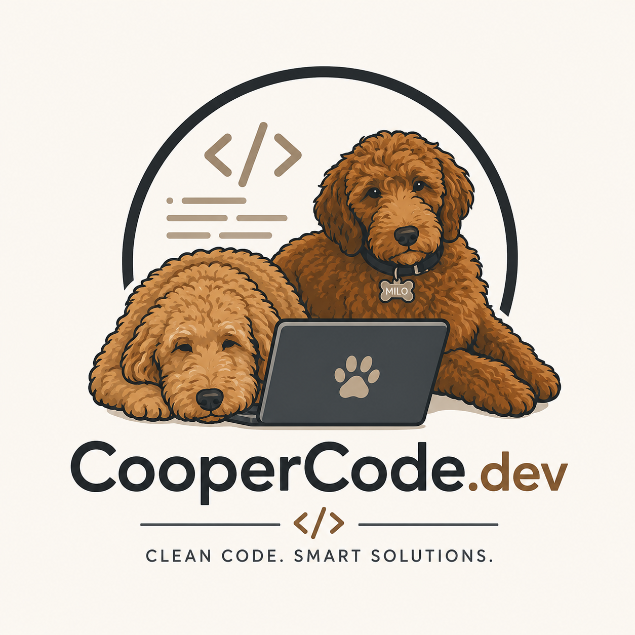 CooperCode.dev logo with two dogs and the tagline Clean Code. Smart Solutions.